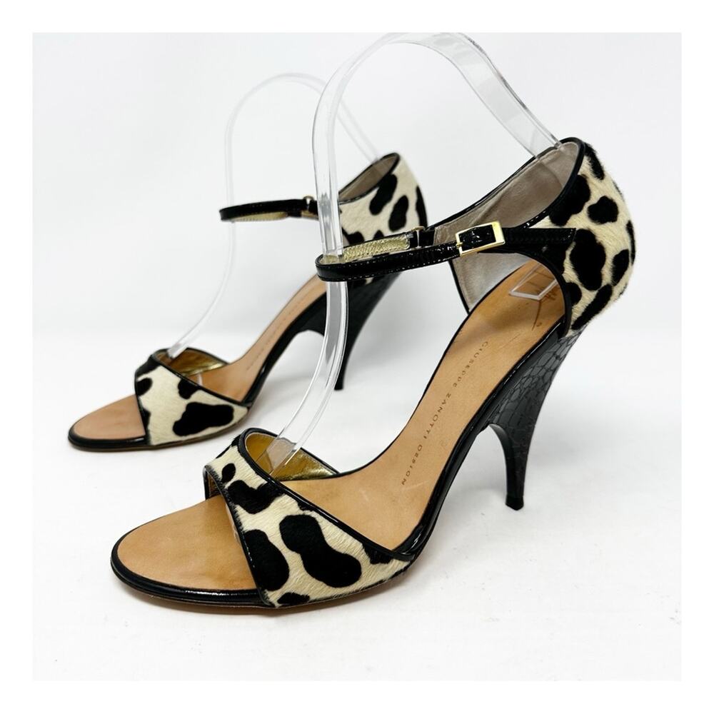 Giuseppe Zanotti Black White Pony Hair Ankle Strap Heels Womens Size 9.5